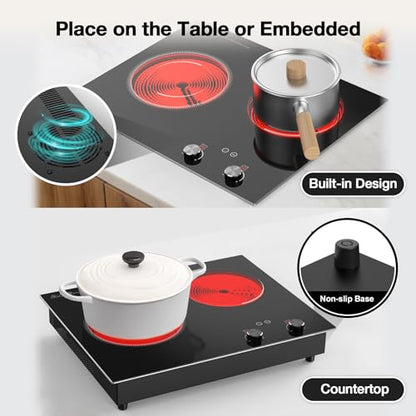 GIHETKUT Electric Cooktop,110V 2100W 2 Burner stove,Built-in & Countertop Stove Top with10 Heating Level, Timer & Kid Safety Lock, LED Knob Touch Control 2 Burner Electric Cooktop - size: 2 Burner Electric Cooktop Built-In