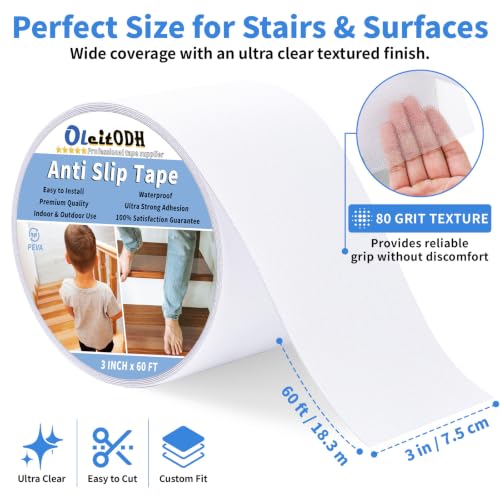 Oleitodh Clear Non-Slip Tape, 3In x 60Ft, Transparent Safety Grip - color: Clear, size: 3 in x 60 ft