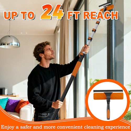 SISUPASSIE 30FT Reach 2-in-1 Window Squeegee, Professional Window Washing Kit with 5-24FT Extension Pole for Home, Indoor Outdoor Squeegee with Rotatable Head for High Windows - size: 24FT