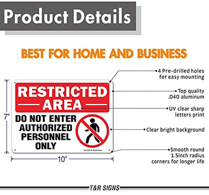 Restricted Area Do Not Enter Authorized Personnel Only Sign - 2 Pack - 10 x 7 Inches Rust Free .040 Aluminum - UV Protected, Waterproof, Weatherproof and Fade Resistant - 4 Pre-drilled Holes - color: Red - 10" x 7" - 2 Pack
