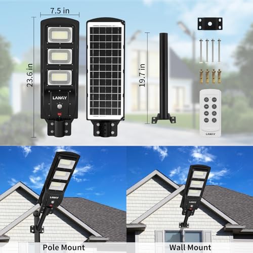 LANGY 2 Pack Led Solar Street Lights Outdoor 150000 Lumens,180 PCS LED,Dusk to Dawn Solar Powered Street Lights with Remote for Barn,Yard, Garden,Basketball Court - size: 2PACK 150000LM