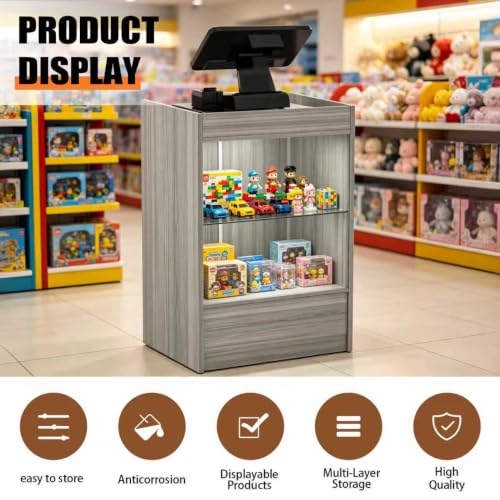 24" W x 18" D x 38" H - Gray Retail Cash Register Stand Cash Wrap Checkout Desk Portable Counter Podium Stand with Glass Shelving Case for Retail Store, Meetings Reception - color: Gray