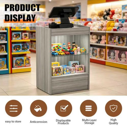 24" W x 18" D x 38" H - Gray Retail Cash Register Stand Cash Wrap Checkout Desk Portable Counter Podium Stand with Glass Shelving Case for Retail Store, Meetings Reception - color: Gray
