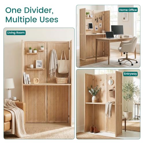 Svimi 4-Panel Freestanding Pegboard Room Divider with Center Shelf, Natural - color: Natural, size: 4 PANELS-SHELVE
