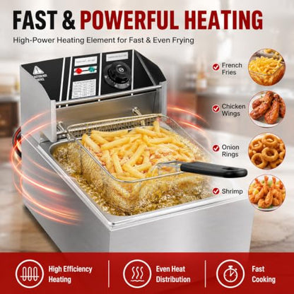 6.3QT Electric Deep Fryer with Basket, 1700W 316 Stainless Steel Commercial Deep Fryer, Adjustable Temperature Control 140°F-392°F, Countertop Deep Fryer with Lid, Oil Fryer for Home Kitchen