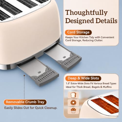 Retro 4 Slice Toaster Touch Screen with Wide Slots, Cream Color - color: Cream