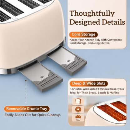 Retro 4 Slice Toaster Touch Screen with Wide Slots, Cream Color - color: Cream