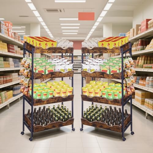 Snack Rack with Wheels,4-Tier Retail Display Shelves with 8 Metal Hooks,Tilted Design,Mobile Retail Display Stand with Metal Frame,Easy Assembly