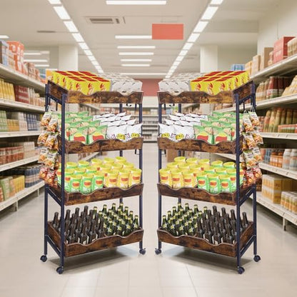 Snack Rack with Wheels,4-Tier Retail Display Shelves with 8 Metal Hooks,Tilted Design,Mobile Retail Display Stand with Metal Frame,Easy Assembly