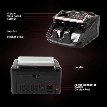 Money Counter, Cash Counter Machine with Value Count，Cash Counter for Dollar, Euro with UV/MG/IR/DD Counterfeit Detection, Add/Bat/Value Mode Bill Counting Machine with Large LCD Display