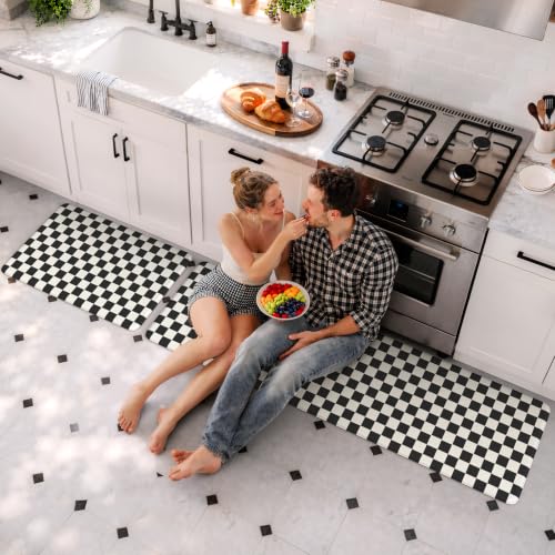 KIMODE Kitchen Mats Cushioned Anti Fatigue,Black and White Rugs for Kitchen - color: Black/White, size: 20" x 71"+20" x 32"--0.47 inches