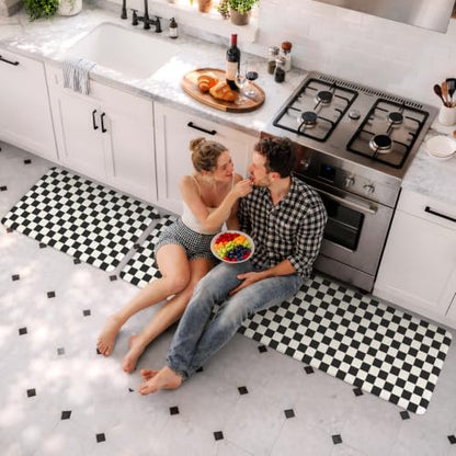 KIMODE Kitchen Mats Cushioned Anti Fatigue,Black and White Rugs for Kitchen - color: Black/White, size: 20" x 71"+20" x 32"--0.47 inches