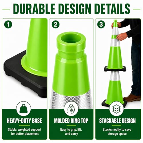 BESEA 6 Pack 36 Inch Green Traffic Cones with Wide Weighted Base - size: 36 inch