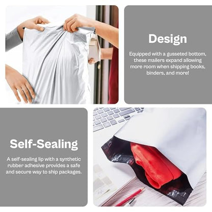 PSBM 100 PCS 10 x 13 Inch White Expansion Poly Mailer, Self Seal Expandable Gusseted Shipping Envelope, Ideal for Packing and Shipping Cloths, Documents, Books, Gifts, Jewelry and More