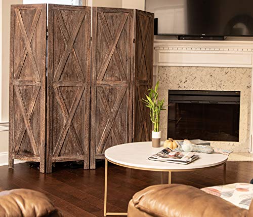 Premium Home 4-Panel Room Divider, Rustic Brown Barn Door X-Pattern Screen - color: Barnwood Brown - X Pattern - 4 Panel