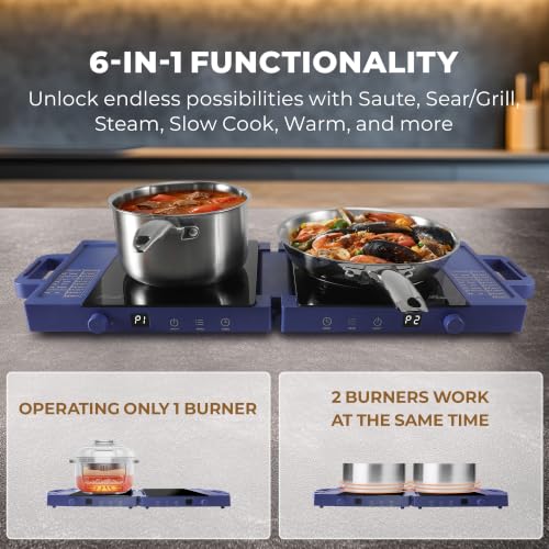 Rosewill Foldable Dual Induction Cooktop Burner, 1800W Portable Double Burner with 8 Cooking Modes & 9-Hour Timer, Auto Shutoff, Electric Stove for Home, Dorms, RVs, Small Kitchen - Blue - color: Blue