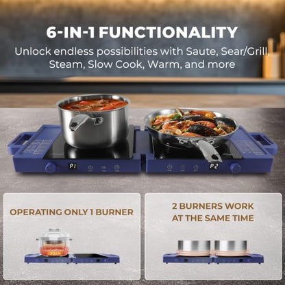 Rosewill Foldable Dual Induction Cooktop Burner, 1800W Portable Double Burner with 8 Cooking Modes & 9-Hour Timer, Auto Shutoff, Electric Stove for Home, Dorms, RVs, Small Kitchen - Blue - color: Blue
