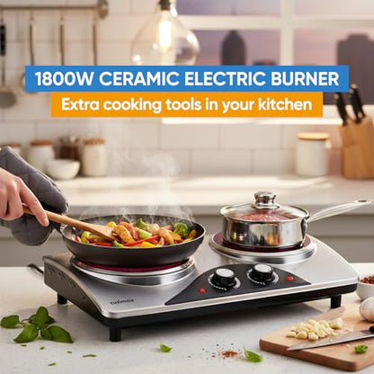 Hot Plate, CUSIMAX Electric Double Burner Countertop Ceramic Infrared Stove - color: Silver