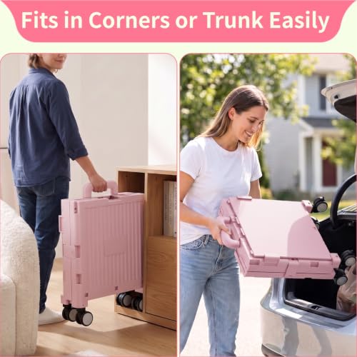 Foldable Shopping Cart with Wheels: Pink Rolling Utility Crate - color: Pink