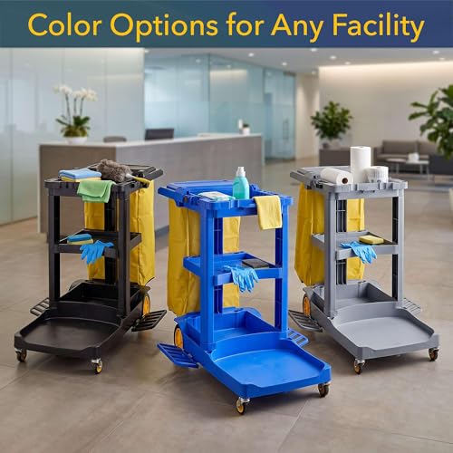 44” x 18” x 38” Blue 3-Shelf Janitorial Cart Kit - Commercial Housekeeping Cart with Yellow Bag, Black Zippered Bag, Lid, Folding Handle for Hotels, Offices, Schools - 175 lb Capacity - size: Small (Blue)