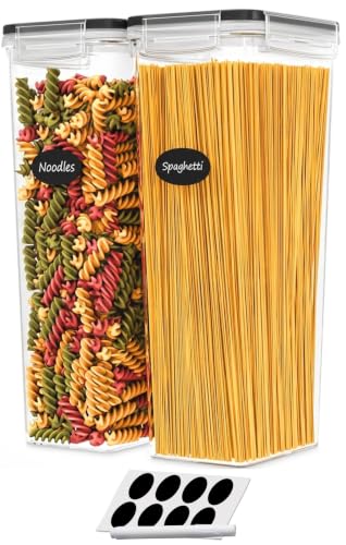 DWËLLZA KITCHEN Airtight Food Storage Containers with Lids Set of 2 95 fl. oz Spaghetti Pasta storage Containers, Plastic Air Tight Canisters for Kitchen Pantry Organization with Labels & Marker - color: 02 - Vertical (Set of 2)