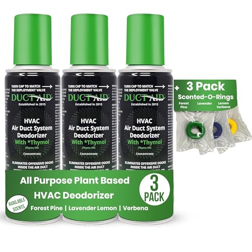 HVAC Air Deodorizer & Mold Treatment Fogger 3-Pack with 3 Scented O-Ring Pads | Air Duct Freshener for HVAC & AC Vents | Plant-Based Thymol Fogger for Home, Car & Commercial Spaces