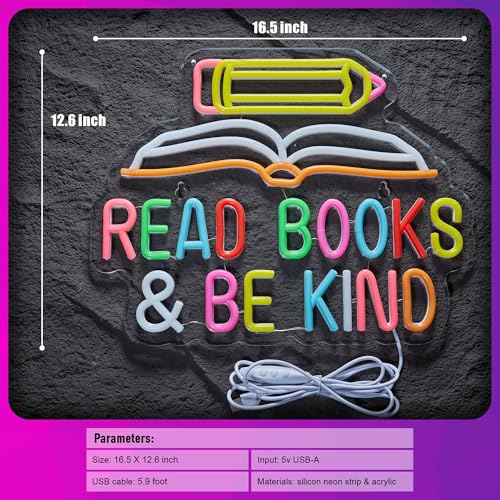 Read Books and Be Kind Neon Sign Pencil Book Neon Light Student LED Neon Light Colorful Neon Light Up Signs for Classroom Bookstore Library Museum Study Room - color: Yellow Pink