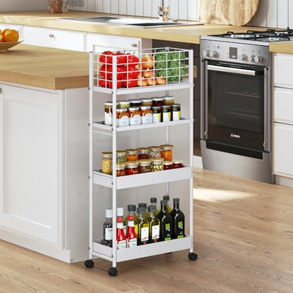 KINGRACK 4 Tier Slim Rolling Cart, Metal Utility Storage Cart with Wheels - color: White, size: 4-Tier