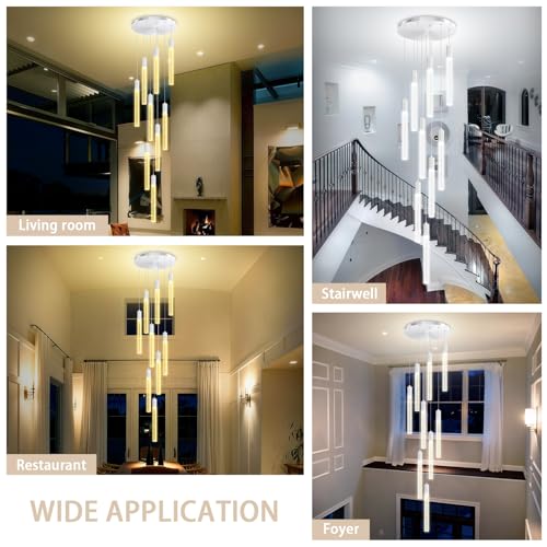 9-Light Silver High Ceiling Crystal Staircase Chandelier, Modern Spiral Raindrop Crystal Column Bubble Dimmable LED Cluster Hanging Chandeliers for Foyer Living Room Entrance - color: Silver, size: 9-Light