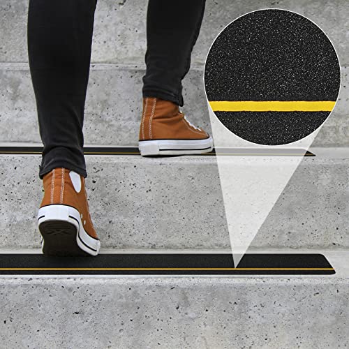 Anti Slip Tape (10-Pack) 4'' x 30'' Waterproof Non Skid Tape, Best Grip Non Slip Strips Treads High Traction Friction Abrasive Adhesive with Yellow Reflective Strips for Stairs Step - color: Black,Yellow