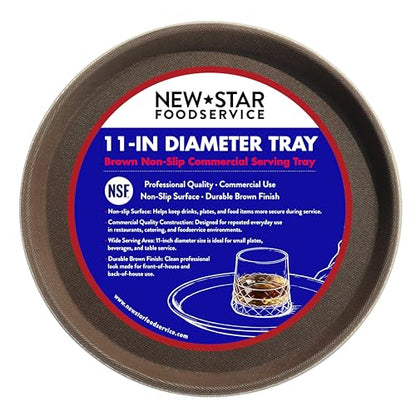 New Star Foodservice Restaurant Grade Non-Slip Serving Tray, 11 Inch Round Brown Plastic Tray with Rubber-Lined Surface, Bar, Catering, Restaurant, and Foodservice Tray
