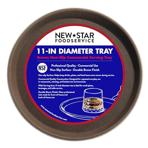 New Star Foodservice Restaurant Grade Non-Slip Serving Tray, 11 Inch Round Brown Plastic Tray with Rubber-Lined Surface, Bar, Catering, Restaurant, and Foodservice Tray