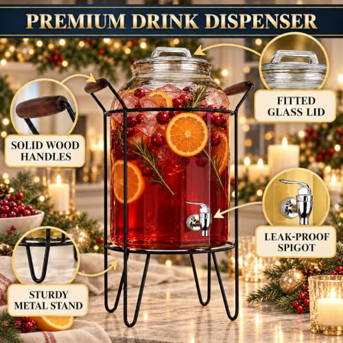 3 Gallon Glass Ice Cold Beverage Dispenser - With Glass Lid and Handle Drink Dispenser With Metal Stand, 100% Leak Proof Spigot- Wide Mouth Easy Filling For Outdoor, Parties & Daily Use - color: Clear Stand-3 Gallon
