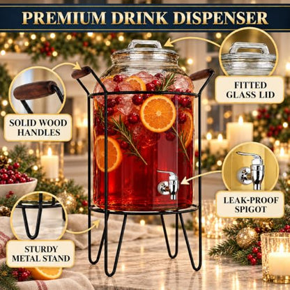 3 Gallon Glass Ice Cold Beverage Dispenser - With Glass Lid and Handle Drink Dispenser With Metal Stand, 100% Leak Proof Spigot- Wide Mouth Easy Filling For Outdoor, Parties & Daily Use - color: Clear Stand-3 Gallon