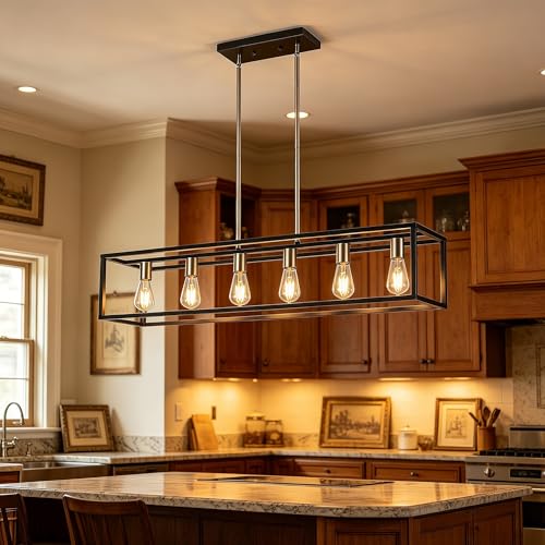 Rectangle Chandeliers Kitchen Light Fixtures Farmhouse Dining Room Light for Dining Rooms,Black&Brushed Brass Light Fixture Matte 6-Light Industrial Pendant Lighting - color: Black & Brushed Nickel, size: 6 Lights