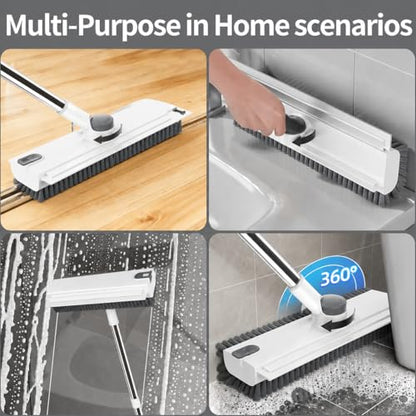 3 in 1 Floor Scrub Brush,Floor Scrubber with Squeegee and Tweezer, Push Broom with Long Handle,Heavy-Duty Stiff 90° Bristle Broom for Patio,Shower, Garage,Deck,Tile, Concrete & Wood Surface (White) - color: White
