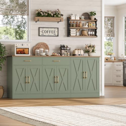 HOSTACK 71" W Kitchen Buffet Cabinet with Storage, Large Coffee Bar Cabinet - color: Sage Green
