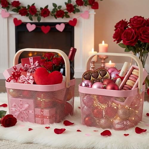 Roshtia 6 Pcs Metal Mesh Basket with Handle, Warm Garden Basket for Fall - color: Pink, size: 9.65 x 9.65 x 7.09 Inch
