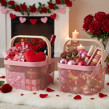 Roshtia 6 Pcs Metal Mesh Basket with Handle, Warm Garden Basket for Fall - color: Pink, size: 9.65 x 9.65 x 7.09 Inch