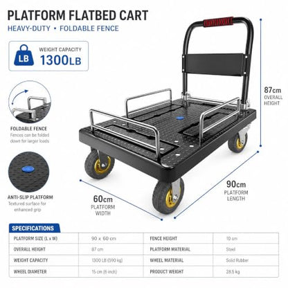 Platform Flatbed Cart Heavy Duty with Brake Wheels & Foldable Fence