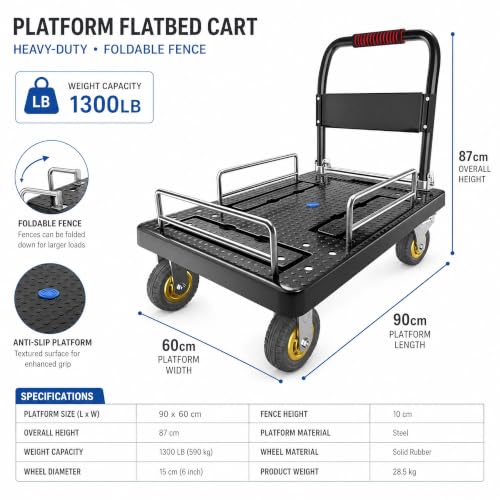 Platform Flatbed Cart Heavy Duty with Brake Wheels & Foldable Fence