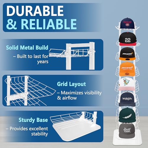 Hat Display 8 Tier, Hat Rack Stand Up to 64 Caps, Metal Hat Stands for Multiple Hats, Commercial Retail Hats Display, White - color: White