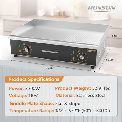 ROVSUN 26" Electric Griddle, Electric Countertop Half Flat Top Griddle, 3200W Grill Stainless Steel with Adjustable Temperature Control 122°F-572°F for Commercial Home Restaurant, Plug - size: 26"