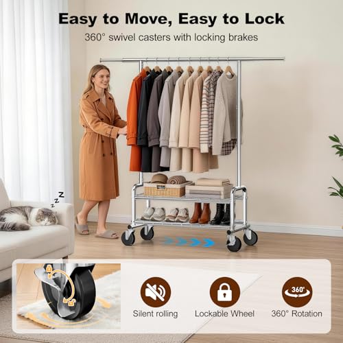 Clothes Rack Heavy Duty, 550 LBS Rolling Clothing Rack with Wheels, Silver - color: Silver