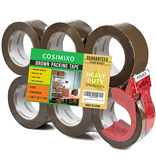 COSIMIXO 6-Pack Heavy Duty Brown Packing Tape with Dispenser, 2.5 mil x 1.88 inch x 110 Yards,Ultra Strong,Industrial Shipping Box Tan Packaging Tape for Moving, Office, & Storage