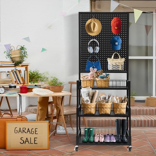 NectaCol Pegboard Panels, 3-Tiers Metal Pegboard Display Stand with Peg Board Panel, Standing Pegboard Display Rack, Craft Show Display, Art Display and Retail Display Stand with 10 Hooks - Black - color: Black