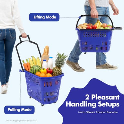 6PCS Shopping Basket 35L Portable Plastic Rolling Shopping Cart with Wheels - color: Blue