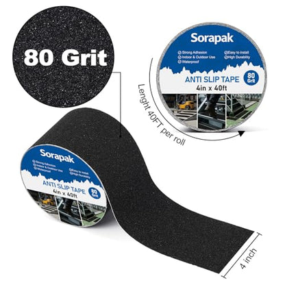 Heavy Duty 4in x 40ft Black Anti Slip Tape, 80 Grit Waterproof Non Skid Grip Tape Roll for Stairs, Ramps, Decks, Boat Decks, Floors, Warehouses & Outdoor Use - size: 4'' x 40 FT