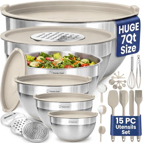Priority Chef 6Pc Stainless Steel Mixing Bowls with Lids Set, Huge 7 Qrt Size Metal Bowl Set for Kitchen, 3 Graters, Non-Slip Bases & Silicone Utensils Set, Khaki - color: Khaki