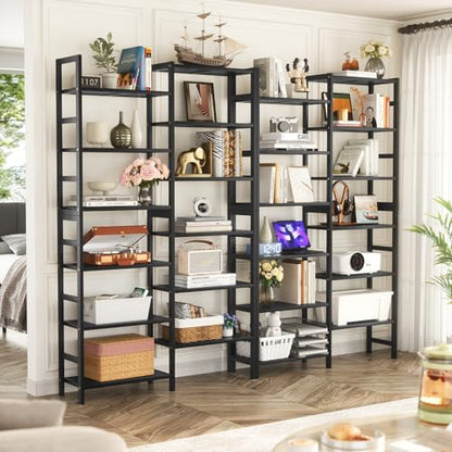 Homykic 72.5” Tall Bamboo Bookshelf Black, 6-Tier Double Wide Open Bookcase - color: Black, size: Double Wide